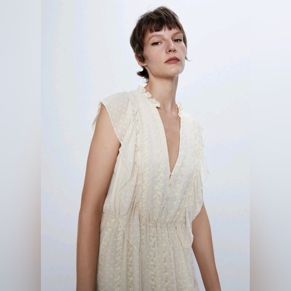 Zara Cream Midi Dress with Ruffle Details - Picture 11 of 11